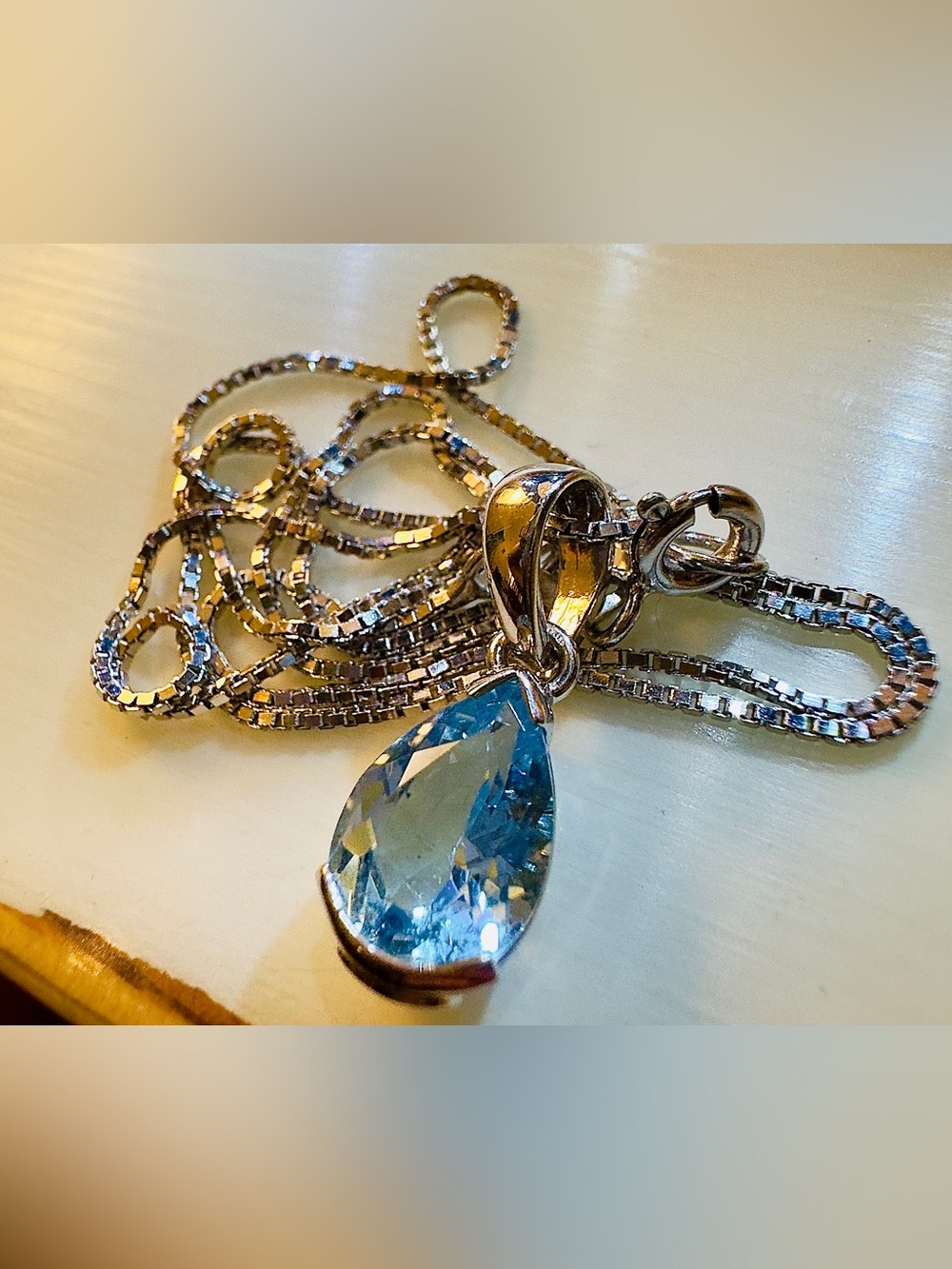 18K White Gold Le Gi Pear Cut Blue Swiss Topaz Pendant with Box Chain 15.5" 4.3g